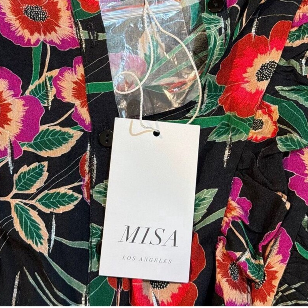 Anthro Misa Los Angeles Hibiscus Floral Ruffle Blouse with Metallic Threading - Picture 10 of 16